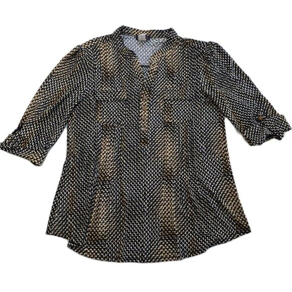 Cocomo Tunic Top Womens M Yellow Black White Henley 3/4 Roll Tab Sleeves Pintuck - Picture 8 of 14